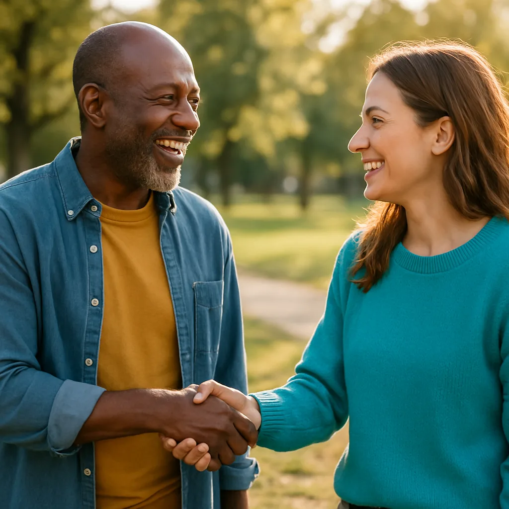Two people meeting at a local park — genuinely local Berkshire dating