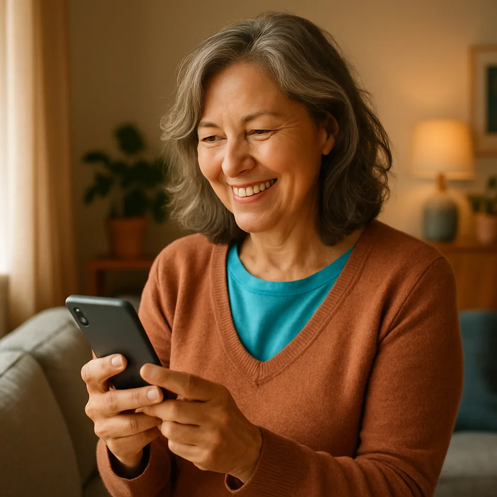Smiling woman confidently checking her phone — verified profiles on The Berkshire Dating Site